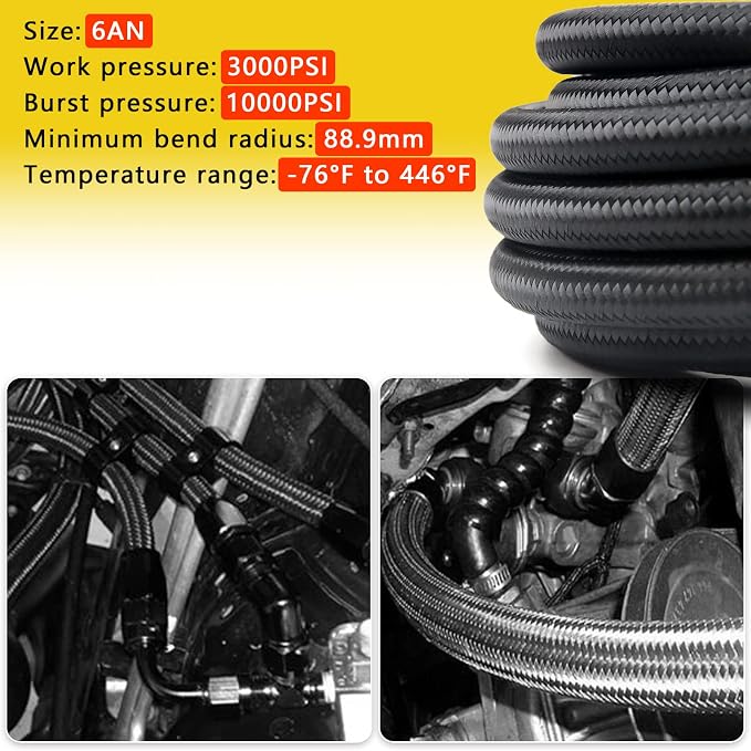 6AN PTFE Fuel Line Kit, Nylon Stainless Steel Braided Fuel Hose, LS Swap EFI E85 Injection Fuel PTFE Fitting 3/8" 26FT