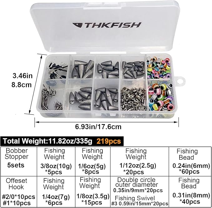 THKFISH Fishing Weights Sinkers Fishing Beads Bullet Sinkers Carolina Rig Texas Rig Kit Fishing Accessories Kit 64pcs/219pcs