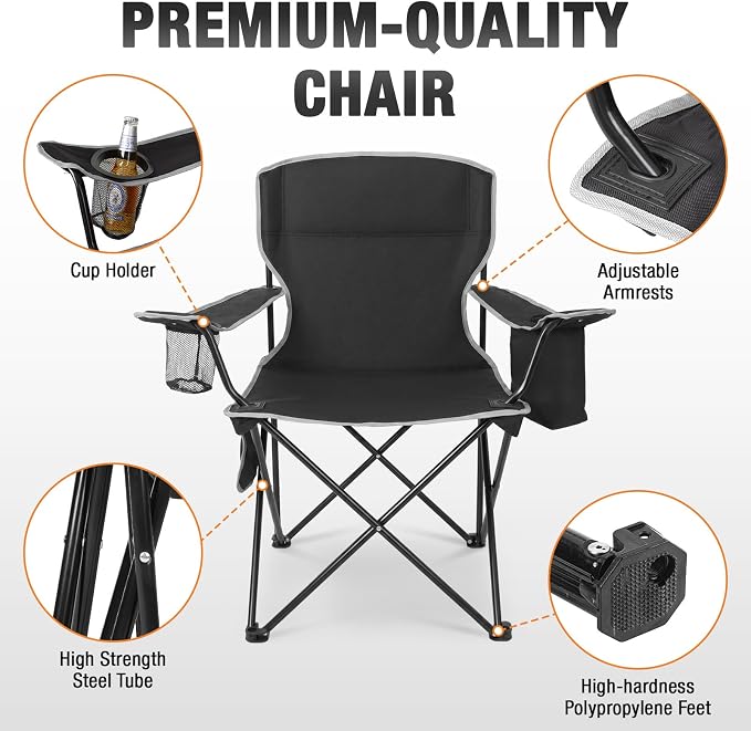 Romswi 2 Pack Lightweight Camping Chairs for Adults, Folding Outdoor Chair with 4-Can Cooler Bag, Collapsible Chair with Cup Holder for Camping, Beach, Lawn, Fishing, Black