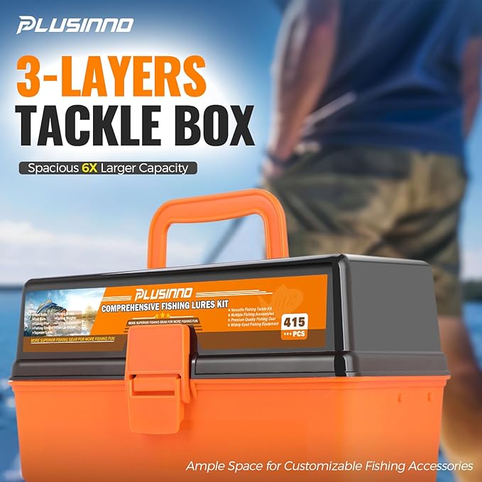 PLUSINNO Large 3 Layers Fishing Tackle Box with Tackle Included, 415Pcs Fishing Lures Kit Contains Pliers, Crankbait, Hooks, Weights & Accessories, Fishing Gear Gifts for Men Starter Kits Bass Trout