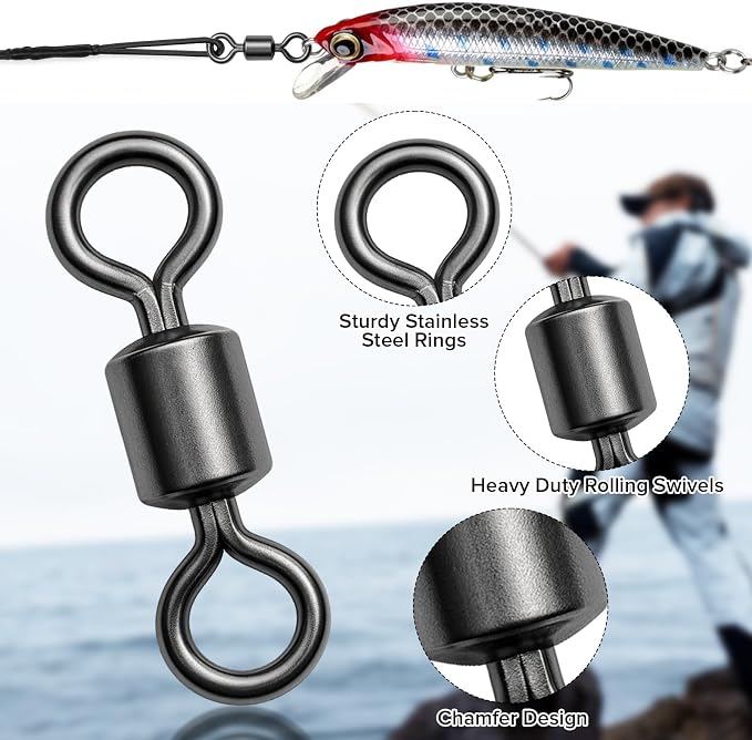 DONQL Fishing Swivels 200pcs, Swivels Fishing Tackle, Stainless Steel Barrel Swivel, #4#6#8#10#12#14, 61.7lbs to 6.6 lbs, for Saltwater, Freshwater, Leader, Line, Lure Connector