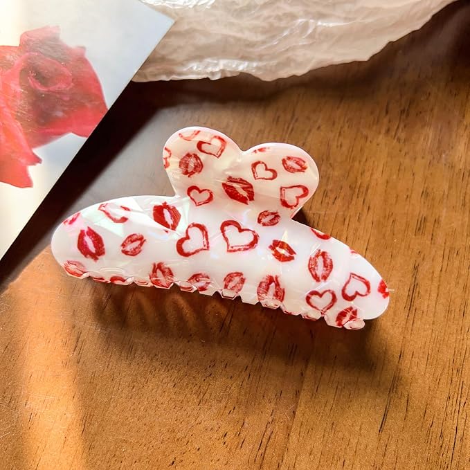Heart Hair Claw Clips for Thick or Thin Hair, 1 Pack Red Heart Lips Pattern Hair Clips Valentine's Hair Accessories Large Acrylic Heart Shape Jaw Clips Strong Hold Clamp Clips for Women