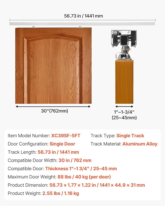 VEVOR Sliding Pocket Door Hardware Track Kit, 56.73" Pocket Door Track Kit with Soft Close Mechanism for Smooth and Quiet Sliding, Easy to Install, for 1" to 1 3/4" Thickness 30" Width Single Door