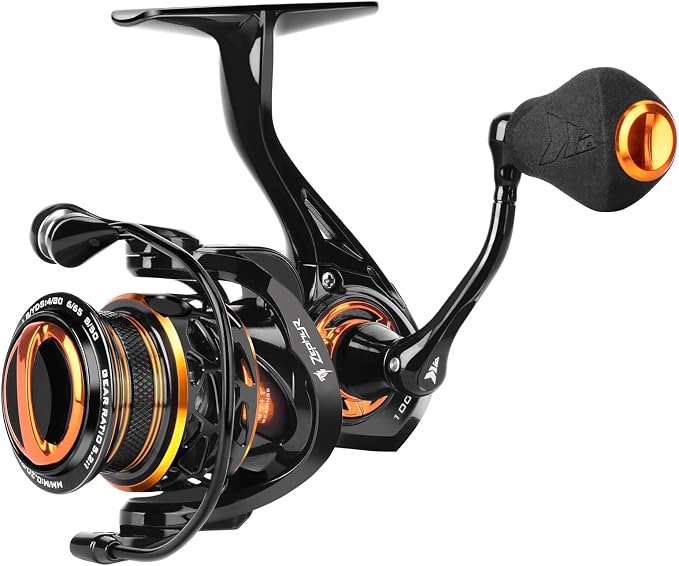 KastKing Zephyr Spinning Reels – 7+1/6+1 BB – Carbon Fiber Drag – Stainless Steel Shaft – Aluminum & CNC Spool – Black/Green/Orange – Sizes 500/1000 SFS – ICE Fishing Ready Reels!