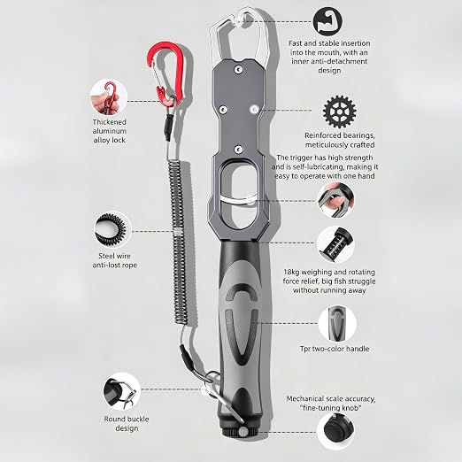 2-in-1 Fish Gripper with Scale, Aircraft-Grade Aluminum Alloy Heavy Duty Fish Lip Holder, MX 18KG Fishing Gripper with Scale, TPR Dual-Color Handle & Rotating Design – Ideal for Anglers (Blue)