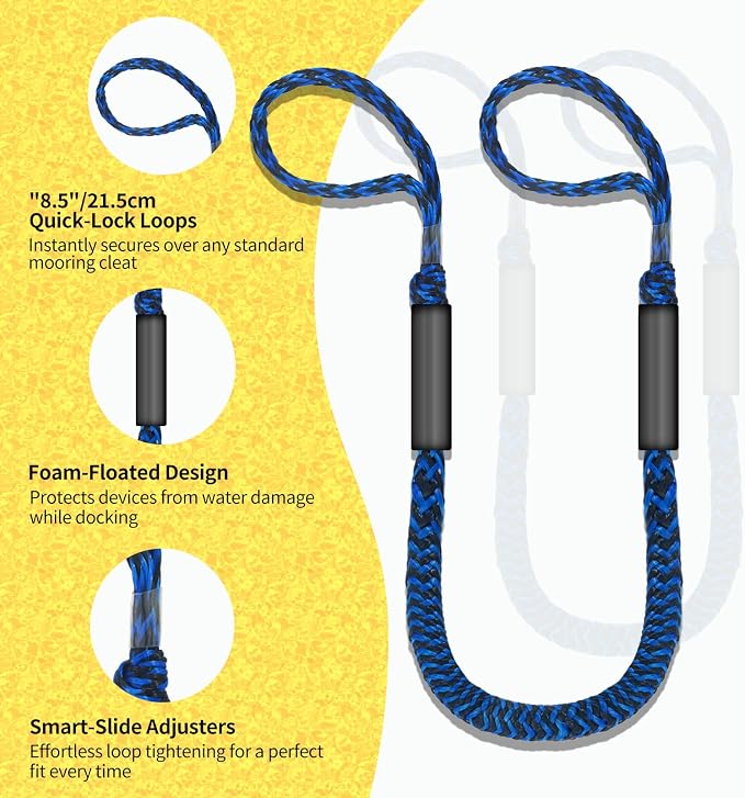 2-Pack Bungee Dock Lines for Boats with Loops, Boat Tie Downs for Docking, Adjustable Boat Mooring Rope for Pontoon, Jon Boat & PWC (Blue & Black Waves, 4 FT)