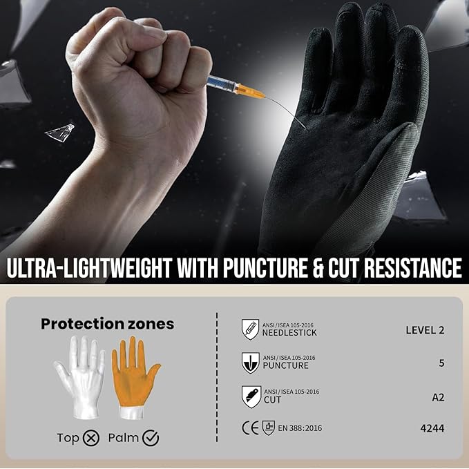 TAILI Level 2 Needlestick, Level 5 Puncture Resistant Work Gloves, Grip Enhanced Cut Resistant Gloves for Gardening, Carving, Fishing, Feather-Light Comfort, Breathable and Touchscreen Compatible, L