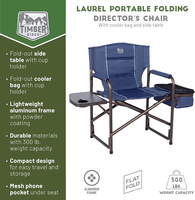 TIMBER RIDGE Folding Camping Chair with Cooler Bag, Director Chair Foldable with Side Table for Adults, Camp Chairs for Outdoor, Lawn, Sports, Fishing, Heavy Duty Supports 300lbs, Blue