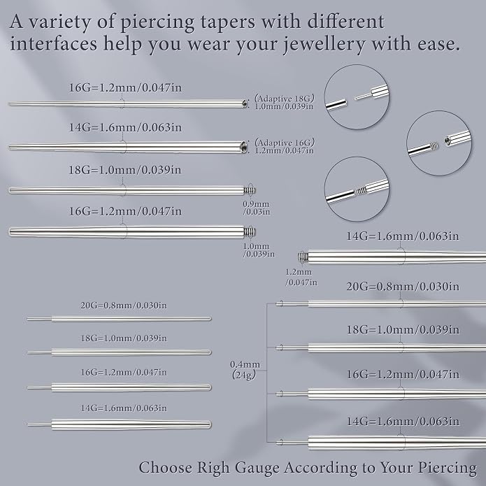 14G 16G 18G 20G Piercing Taper Piercing Ball Grabber Tool Stainless Steel Flat Back Earring Applicator Tool Threadless Insertion Pin Curved Body Piercing Kit for Ear/Nose/Navel/Lip/Eyebrow