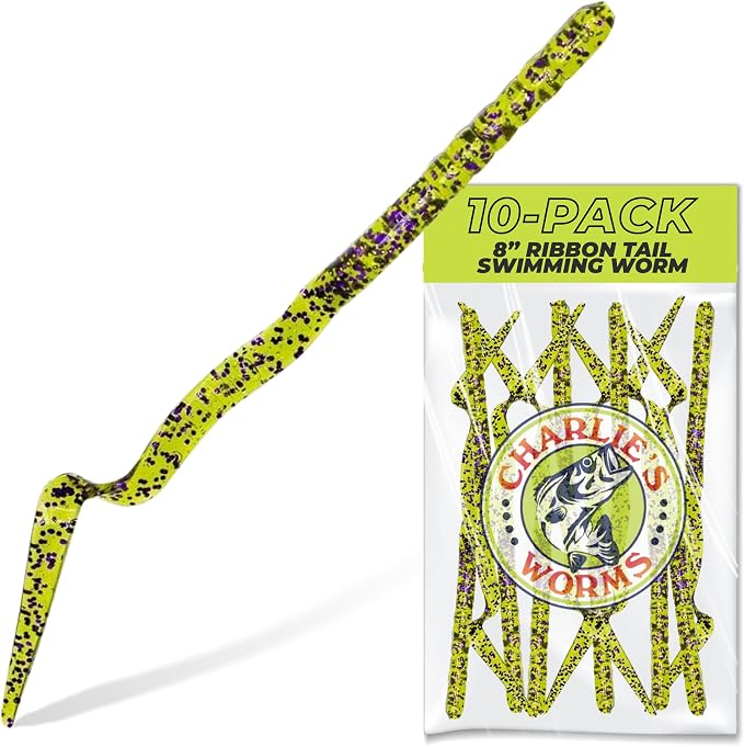 Charlie's Worms Artificial Fishing Bait 8" Ribbon Tail Swimming Worm, Freshwater Saltwater Bass Soft Lures Scented 10pk