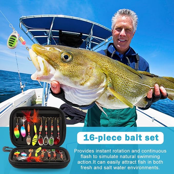 16pcs Fishing Lures Spinner Baits Kit, Metal Bass Trout Lures with Portable Carry Bag, Fishing Gears Spinnerbait Spoons Baits for Freshwater Saltwater Trout, Gifts for Men