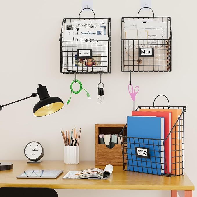 Hanging Wall File Organizer Metal Wall Mounted File Holder Folder with Handles and Hooks, Magazine Document Rack, for Home Office or Decor, 3 Packs (Patent Pending)