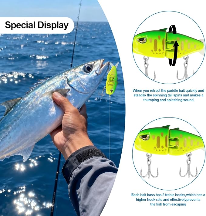 Popper Top Water Fishing Lure: Whopper Fishing Lures with Floating Rotating Tail Barb Treble Hooks Saltwater Freshwater for Bass
