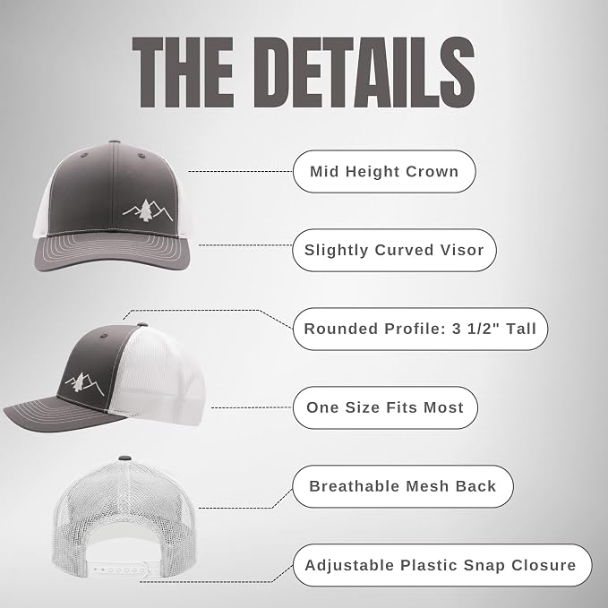 LINDO Trucker Hat [ Great Outdoors Design ] for Men and Women: Mid Profile Cap with Breathable Mesh Back and Adjustable Snap