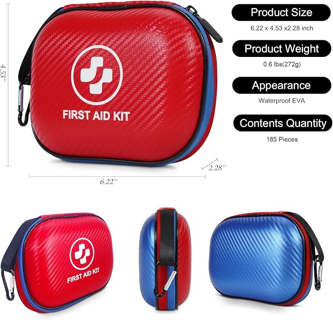 Small First Aid Kit - 185 Pieces Waterproof Emergency Kit for Home, Car, Office, Travel, Camping, Hiking & Outdoor - Portable Hard Case Survival Kit with Premium Supplies(Blue/Red)