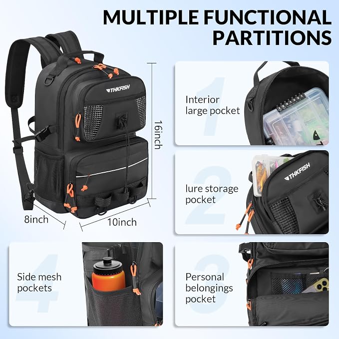 THKFISH Waterproof Fishing Backpack with Rod Holder, 20L Lightweight Fishing Tackle Sling Bag Store Gear and Equipment