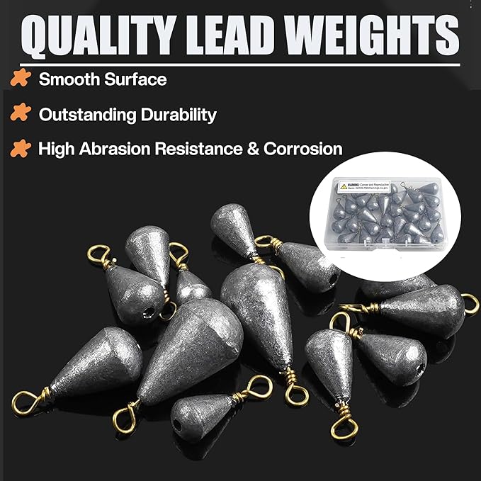 30 Pack Fishing Weight Sinkers,Bass Casting Sinker Weights Lead Bell Drop Shot Sinker with Brass Swivel Catfish Weight Sinkers Streamline Saltwater Freshwater Fishing