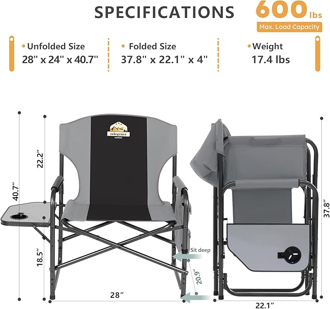 Colegence Oversized Directors Camping Chair Support 600 LBS, Heavy Duty Folding Outdoor Chairs with Detachable Side Pocket and Adjustable Side Table for Outside Beach,Lawn,Fishing (Black)