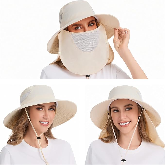 BASSDASH UPF 50+ Breathable Sun Hat with Removable Face Cover and Neck Flap Wide Brim Bucket Hat for Fishing Hiking Men Women