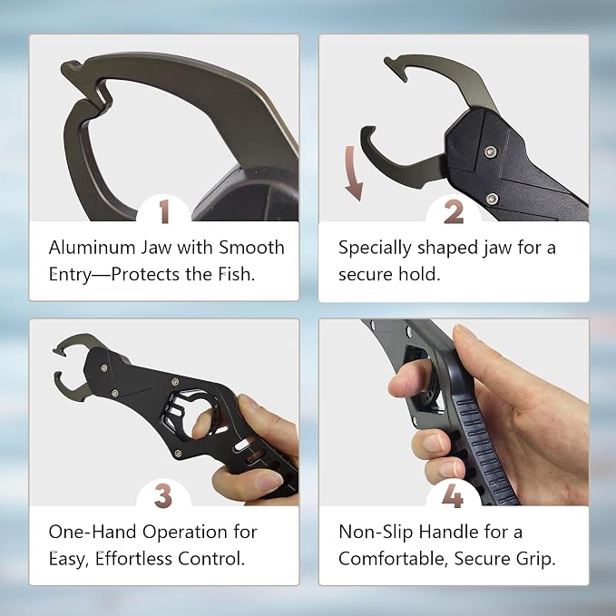Eupheng Aluminum Pistol-Grip Fish Lip Gripper, One-Hand Operation Lightweight Fish Grabber Tool, Catfish Grippers Pliers for Lure Fishing and Kayak Fishing Accessories
