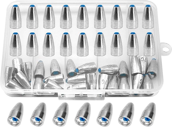50pcs Bullet Fishing Sinkers Weights Built-in Plastic Core Texas Rig Carolina Rig Punching for Bass Fishing 1/8oz to 3/8oz