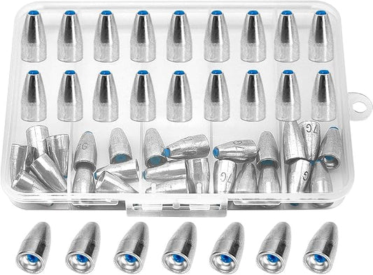 50pcs Bullet Fishing Sinkers Weights Built-in Plastic Core Texas Rig Carolina Rig Punching for Bass Fishing 1/8oz to 3/8oz