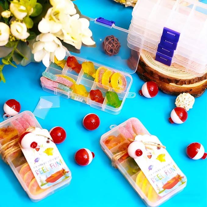 12 Set Fishing Candy Little Tackle Boxes for Birthday Party Favors with 12 Fishing Bobber 12 Thank You Cards for Making My Party Reel Fun Gone Fishing Theme Supplies Fishing Decorations (12)