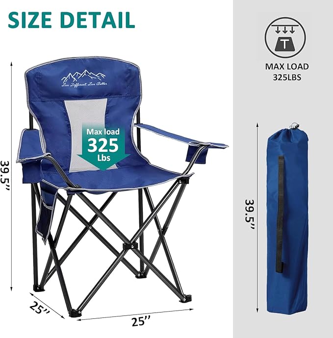 Outdoor Folding Camping Chair with Cup Holder, Storage Bag, Large Anti-Sink Feet, 400lbs Capacity, Breathable Mesh Portable Chair for Camping, Beach, Fishing, Sports, Blue