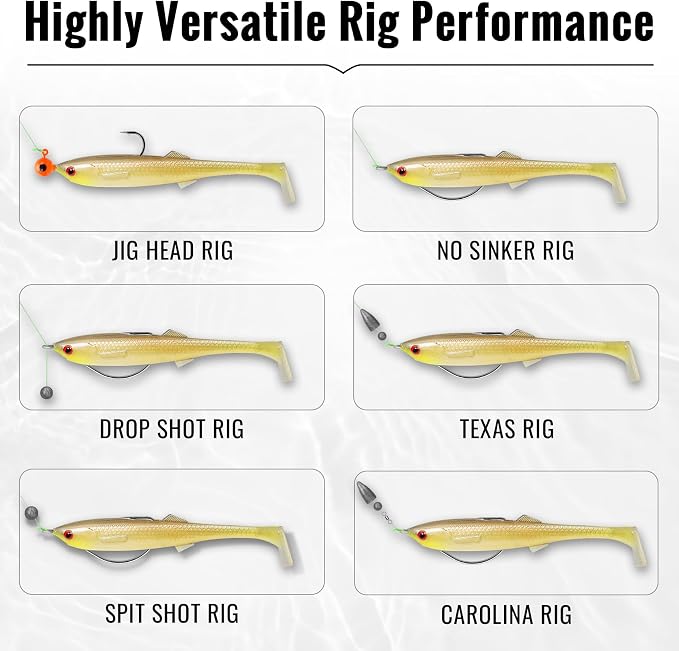 TRUSCEND Shadtale Easy Catch Soft Fishing Lures with BKK Hooks - Trembly Sinking and Vibrating Swim for More Bites, Pre-Rigged Swimbaits for Bass, Trout, Crappie, Walleye, Freshwater Saltwater Fishing