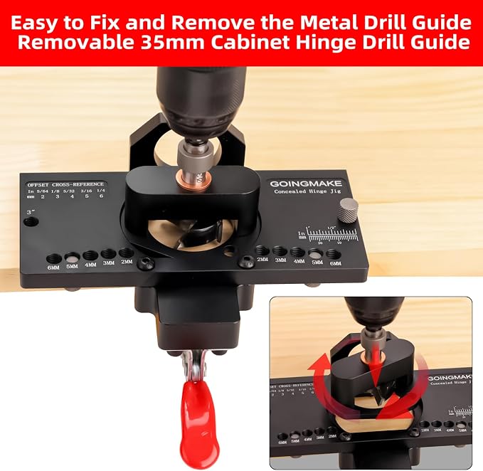 GOINGMAKE Metal Concealed Hinge Jig with Quick Clamp and Dust Vacuum Adapter - 35mm Cabinet Hinge Drilling Jig for Woodworking Door Cabinet Hinges Mounting Tool