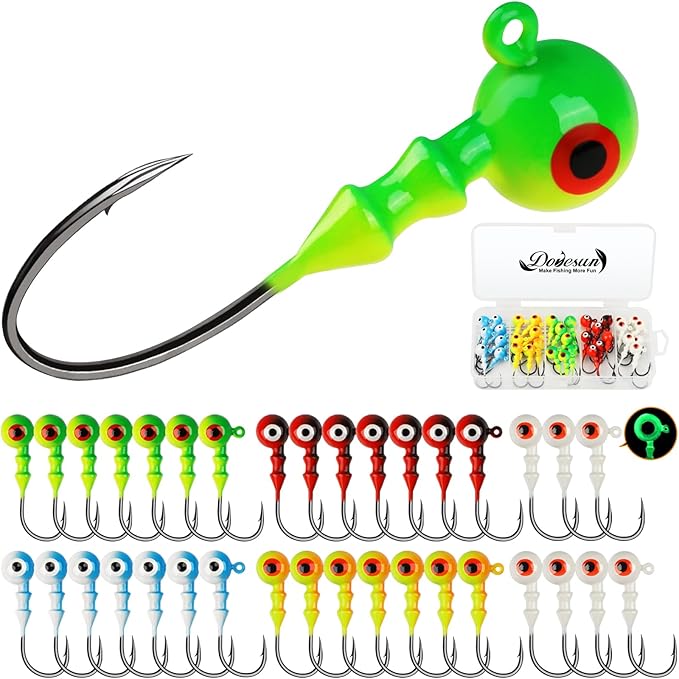 Dovesun Jig Heads for Fishing, Painted Jigheads with 3D Eye Ball Glowing Walleye | Bass | Crappie jigs 1/2oz 3/8oz 1/4oz 1/5oz 1/8oz 1/10oz 1/16oz 1/32oz Fishing Jig Hooks Assortment 15-40pcs