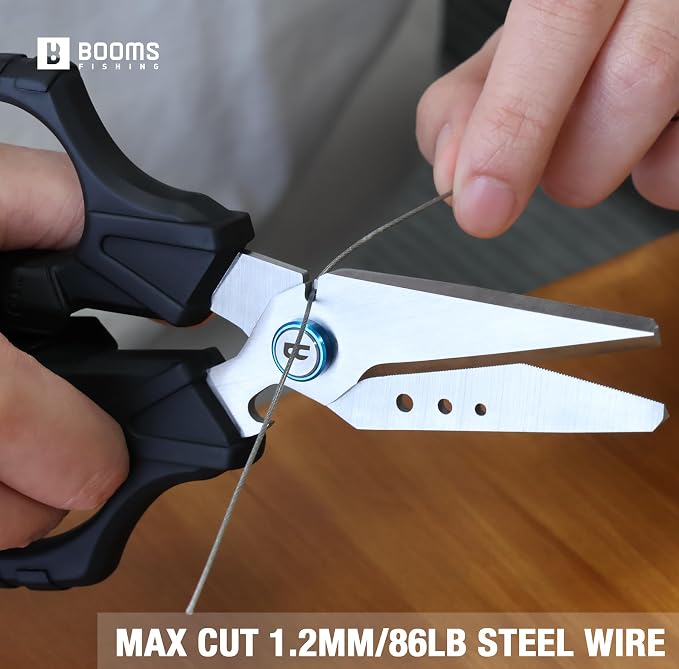Booms Fishing Braided Line Cutter: 6.3in Multifunction Fishing Scissors with Retractor - Fishing Shears with Serrated Blades and Side Wire Cutter, S04