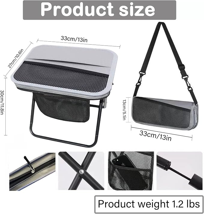 Portable Collapsible Stool, Large Camping Chair Supports 260 lbs, Adjustable Shoulder Strap Folding Stool, Ultralight Collapsible Stools with 3pcs storage bags for Hiking, Fishing, Outdoor (Gray)