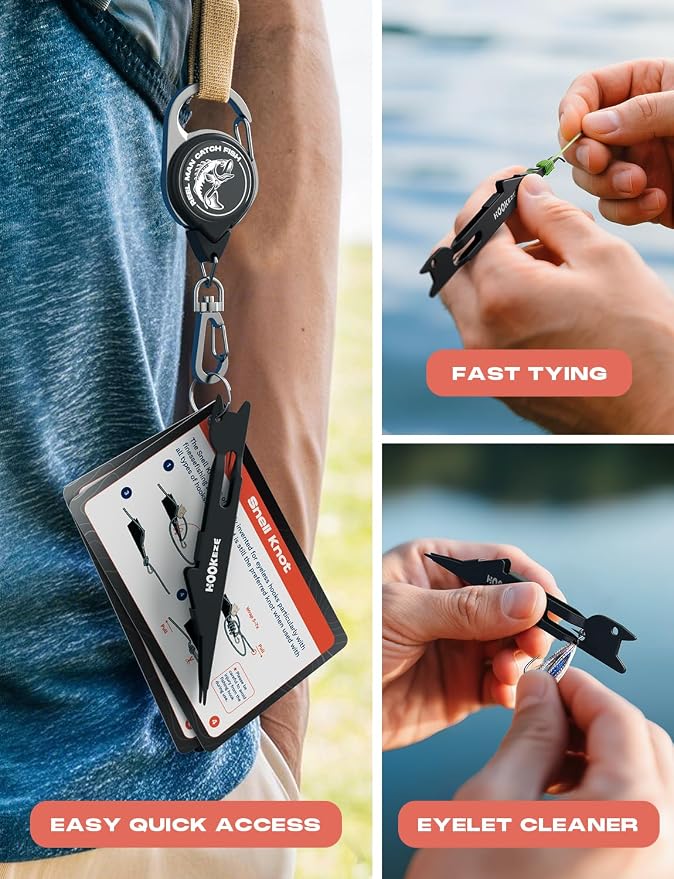 HOOK-EZE Fishing Nail Knot Tying Tool Combo|Includes Waterproof Pocket Guide, Nail Knot Tying Tool with Hook Cleaner, Zinger Retractor|Fly Fishing Accessories Fishing Gifts & Stocking Stuffers for Men
