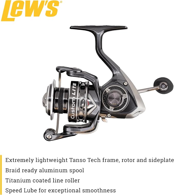 Lew’s Custom Lite Spinning Fishing Reel, 10+1 Stainless Steel Ball Bearings, Size 100 Reel, 5.6:1 Gear Ratio, Right or Left-Hand Retrieve, Carbon Grey