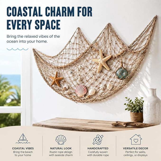 2 Pack Fish Net Decorations for Party, Natural Cotton Hawaiian Table Runner Party Fishing Net Decorative, Nautical Themed Cotton Fishnet Under The Sea Pirate Ocean Beach Decor