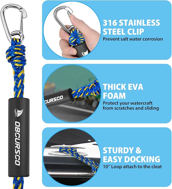 Obcursco Bungee Dock Lines for Boat, Docking Rope with 316 Stainless Steel Clips, Accessories for Jet Ski, PWC, SeaDoo, Pontoon, Center Console, Sets of Two(4ft & 6ft) (Yellow/Blue)