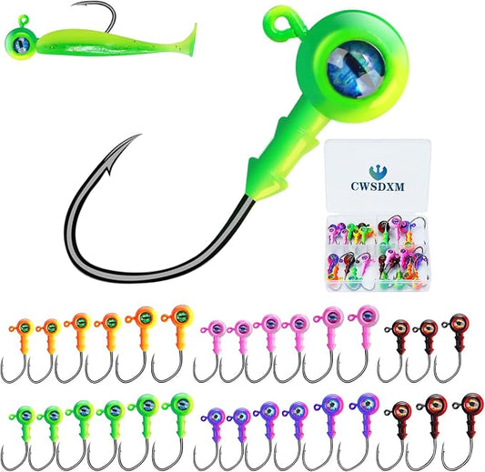 Round Jigs Heads for Fishing, 3D Eyes Ball Head Hooks with Stacked Cone Keeper, 1/8oz 1/5oz 1/4oz 3/8oz Crappie Jig Heads for Bass Fishing Trout Crappie Panfish Walleye