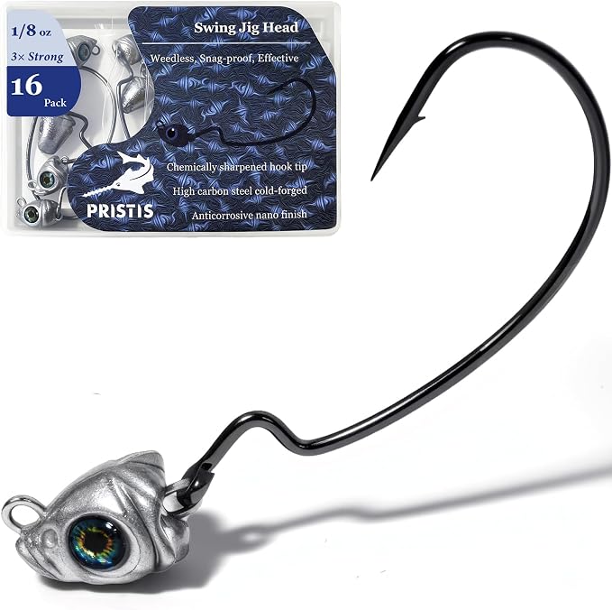Pristis 16 Pack Swing Jig Head, Weedless Fish Eye Swimbait Jigs for Texas Ned Fitness Rigs, 3X Strong Weighted High Carbon Steel Fishing Hook Kit for Saltwater Freshwater Bass Walleye
