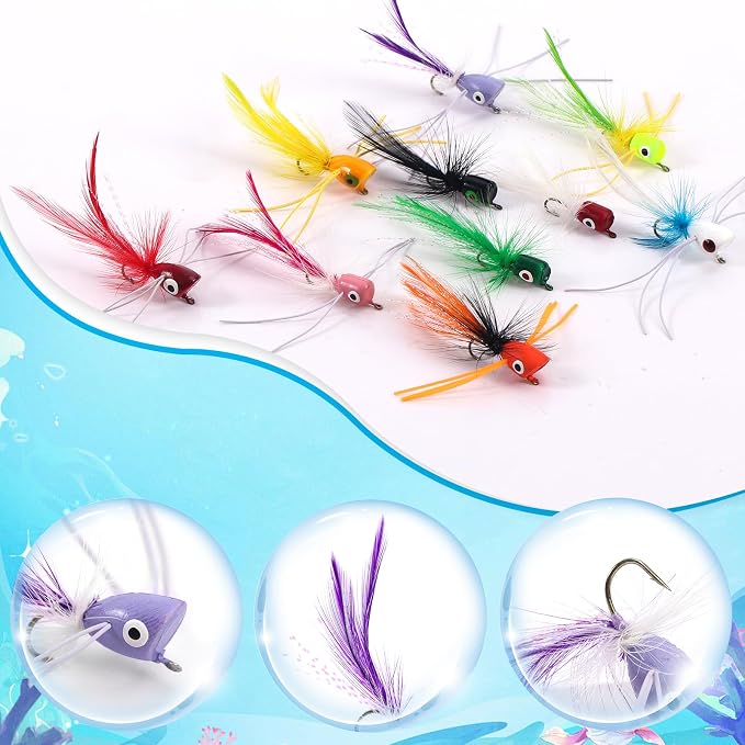 Fly Fishing Poppers Flies, Fly Popper Lures Bass Bluegill Crappie Trout Salmon Panfish Perch Popper Flies Kit for Fly Fishing