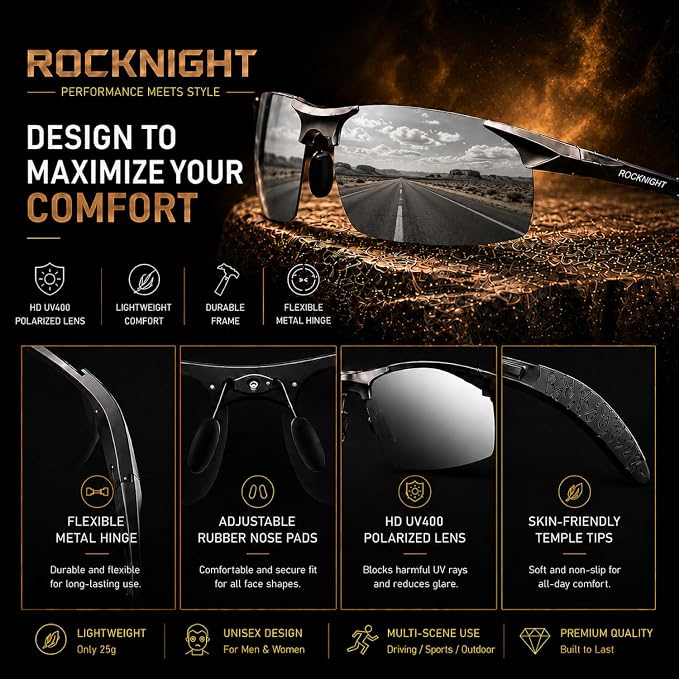 ROCKNIGHT Polarized Rectangular Sunglasses for Men Driving UV400 Protection Lightweight Al‑Mg Frame