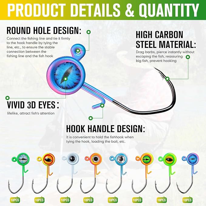 Vinsot Crappie Jig Heads 1/4oz 1/8oz 3/8oz 1/16oz 1/32oz Fishing Jig Hooks Simulation Fish Eye Ball Hook Bulk for Crappie Bass Trout Lures Gift