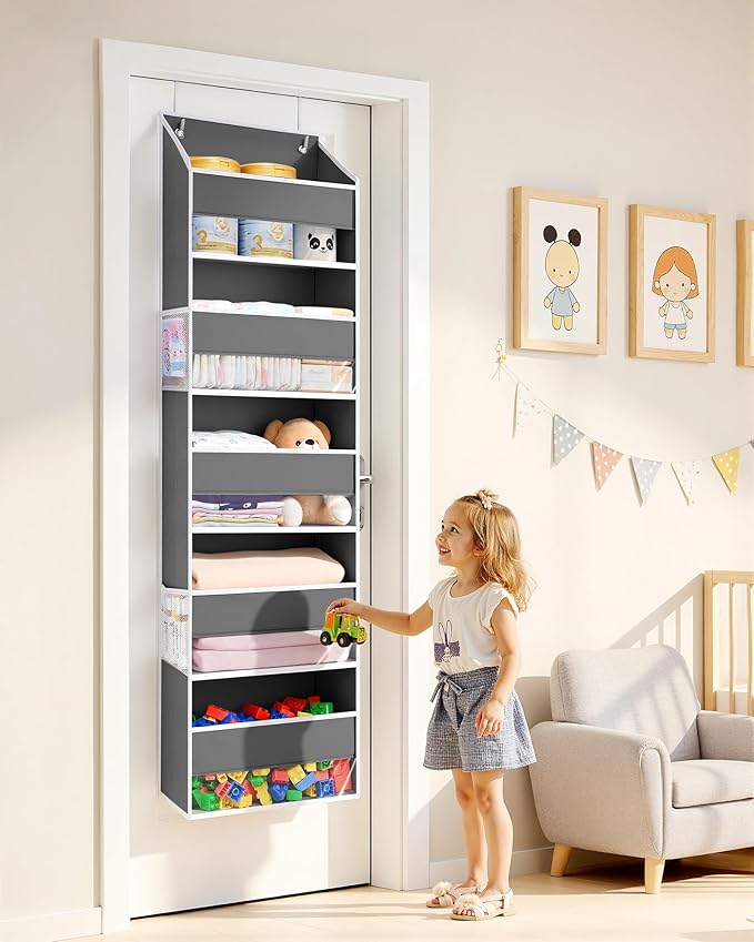 ULG Over-The-Door Organizer 5 Tiers, Large Pocket Hanging Rack with 4 Mesh Side Pockets, Space Saving Closet Door Organizer for Clothes, Shoes, Toys, Accessories, Support 44 LBS Max, Grey, 2-Pack
