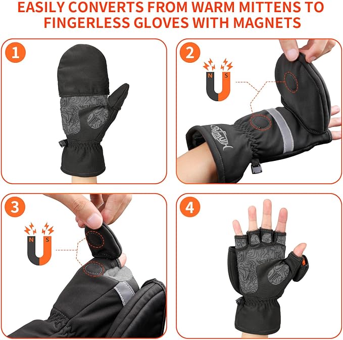 Palmyth Ice Fishing Gloves Convertible Mittens Flip Fingerless Mitt with Thinsulate 3M Warm for Cold Weather and Winter Men Women Photography Running Camera