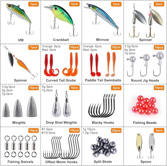 PLUSINNO Fishing Lures Fishing Tackle Box Fishing Gifts for Men, Bass, Trout Fishing Accessories Kit for Saltwater & Freshwater Fishing Gear Including Topwater Lures, Hooks, Spinnerbaits