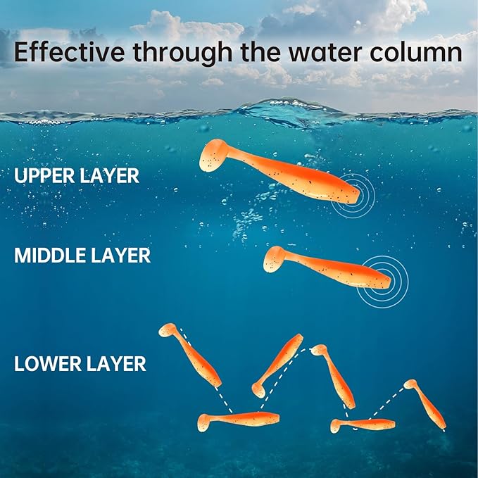 MAFIMOEA 50 Pcs Soft Fishing Lures Plastic Paddle Tail Swim Baits Kit for Bass Trout Walleye Crappie 5 Mixed Colors Fishing Soft Plastic Lure Kit 5.5CM