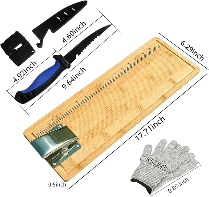 18" Bamboo Fish Cleaning Board Kit Anti-slip Fish Cutting Board Set Fish Filet Board with Scale Fish Measure Board Include Fish Fillet Knife, Clamp, Sharpener,Gloves, Fisherman Gifts