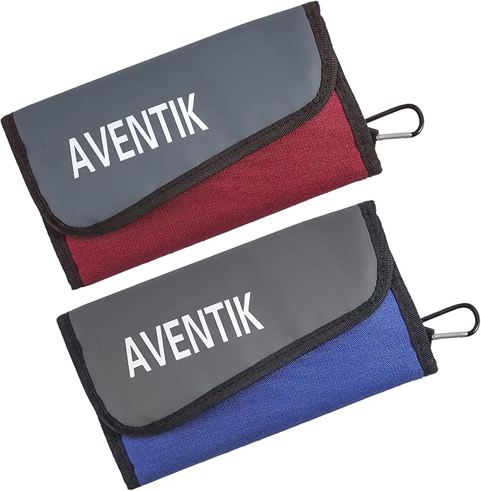 Aventik Soft Lure Storage Binder Bait Organizer– Durable Water-Resistant Fishing Tackle Wallet with 6 Clear Sleeves 2 Zipper Pockets & Carabiner for Worms, Rigs & Accessories (2pc-M:Blue+Red)