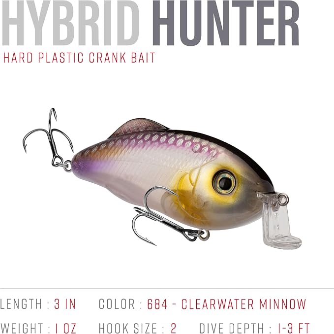 Strike King Hybrid Hunter Shallow Jr. Fishing Lure, Shallow Diving Crankbait, 90-Degree Bill, 3D Eyes, Loud Rattle, Dives 1 to 3-Feet,Size 4 & 6 Treble Hooks