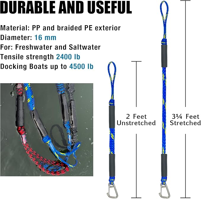 2FT Bungee Dock Line Boat Accessories 2pcs Fender Lines with 316 Stainless Clip for Boat Bumper/Boat Fender for Mooring for Jet Ski, Seadoo, Yamaha(Blue+Yellow, 2Feet)
